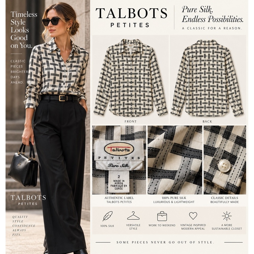 Talbots Petites Silk Blouse Women 2 Ivory Black Geometric 100% Silk Button Up